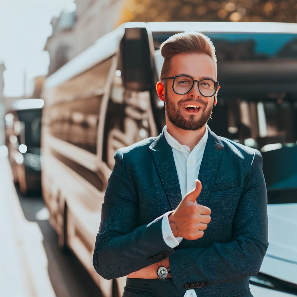 un chauffeur de bus blanche qui montre leure entreprise