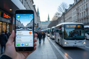 un home voir son iphon en attendent une autocar